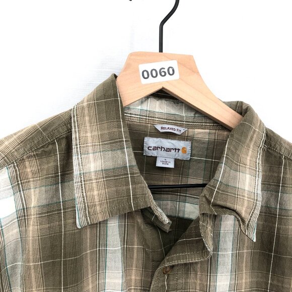 Carhartt Relaxed fit short sleeved button up shirt brown plaid workwear L men's - Picture 2 of 8